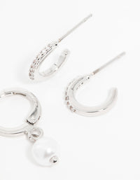 Silver Cubic Zirconia Pearl Bow Huggie Earrings 3-Pack - link has visual effect only