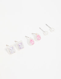 Silver Cubic Zirconia Teardrop & Square Stud Earrings 3-Pack - link has visual effect only