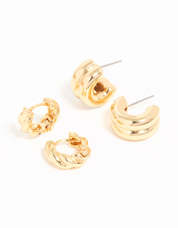 Gold Plated Brass Twist & Ribbed Huggie Earrings 2-Pack