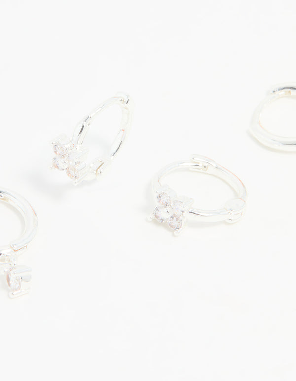 Silver Plated Brass Diamante Baguette Flower Hoop & Stud Earrings 4-Pack