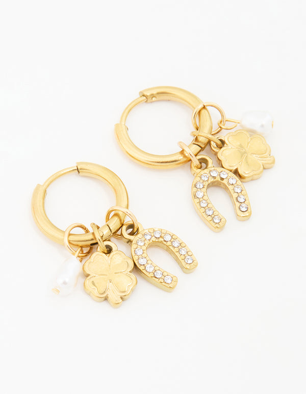 Waterproof Gold Plated Stainless Steel Diamante Horseshoe Hoop Earrings
