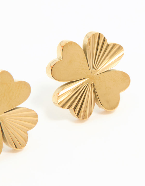 Waterproof Gold Plated Stainless Steel Ribbed Clover Stud Earrings