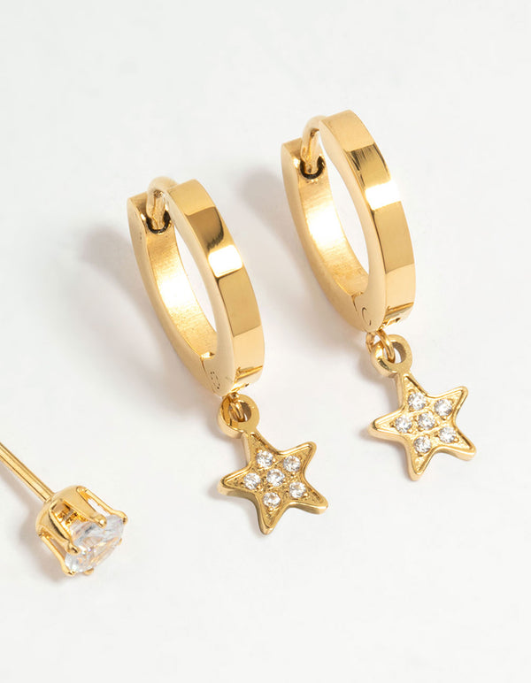 Waterproof Gold Plated Stainless Steel Diamante Star & Heart Stud Earrings 3-Pack