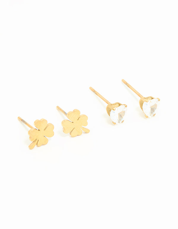 Waterproof Gold Plated Stainless Steel Clean Clover Stud Earrings 3-Pack