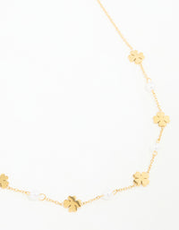 Waterproof Gold Plated Stainless Steel Pearl & Clover Pendant Necklace - link has visual effect only