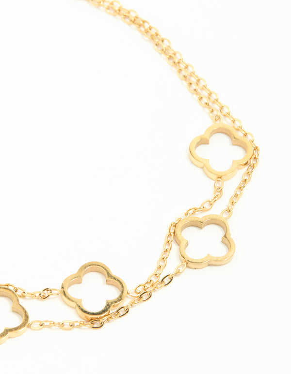 Waterproof Gold Plated Stainless Steel Hollow Flower Layered Bracelet