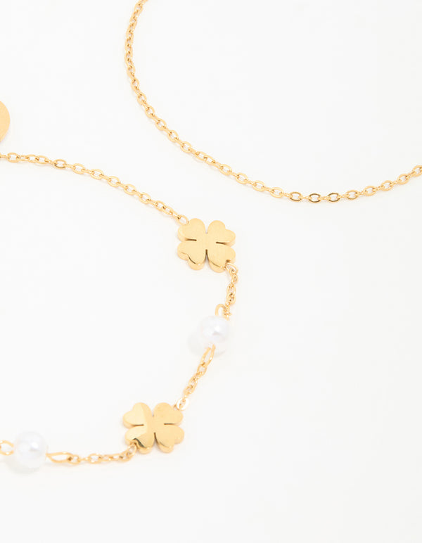 Waterproof Gold Plated Stainless Steel Clover & Pearl Bracelets 2-Pack