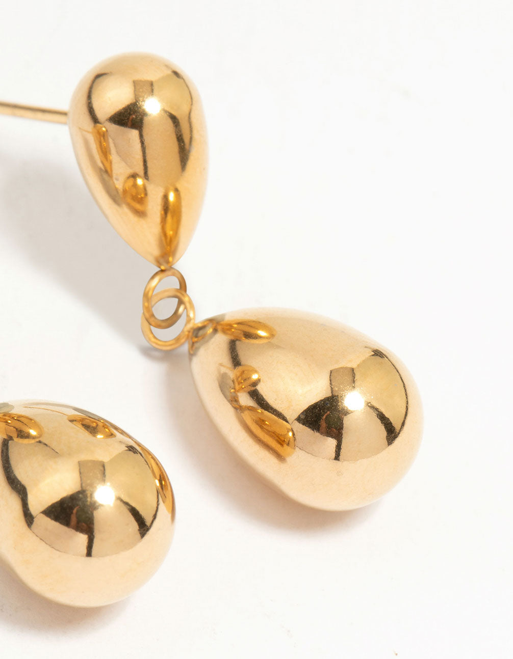 Highlighting waterproof gold plated stainless steel double drop earrings in post detail view