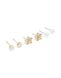 Waterproof Gold Plated Stainless Steel Pearl & Stud Earrings 3-Pack - link has visual effect only