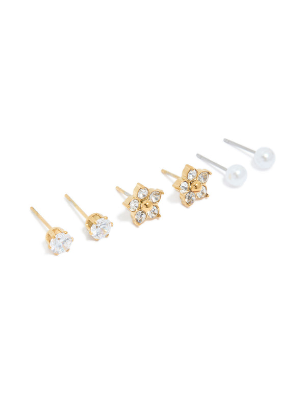 Waterproof Gold Plated Stainless Steel Pearl & Stud Earrings 3-Pack