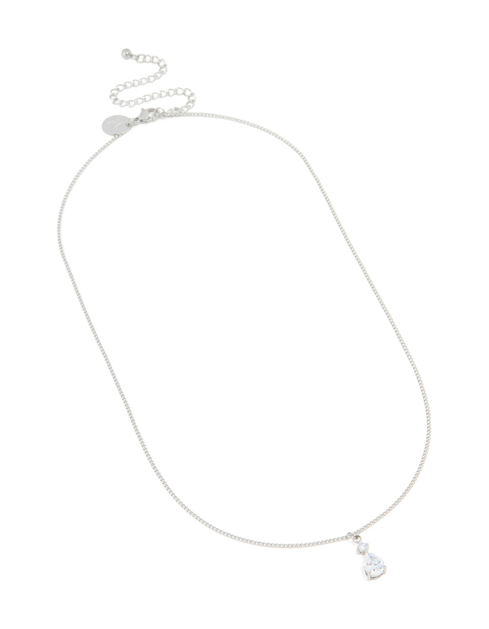Explore this waterproof stainless steel cubic zirconia pear pendant necklace in silver and clear front view