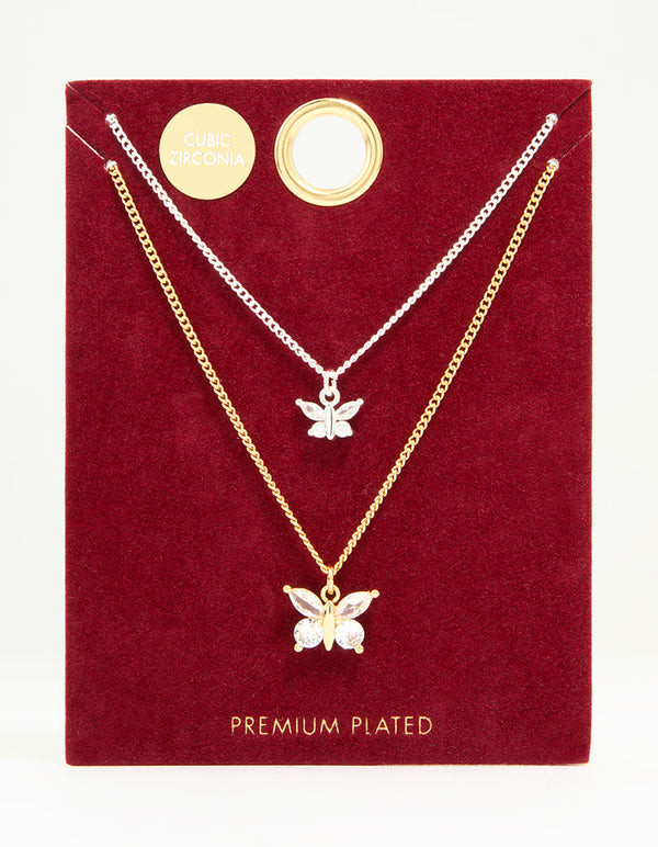 Mixed Metal Cubic Zirconia Butterfly Link Necklace Pack