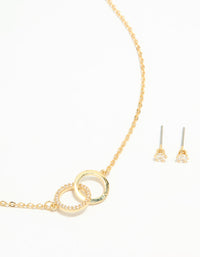 Gold Plated Cubic Zirconia Linked Necklace & Stud Earrings Set - link has visual effect only