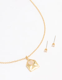 Gold Plated Cubic Zirconia Envelope Necklace & Stud Earrings Set - link has visual effect only