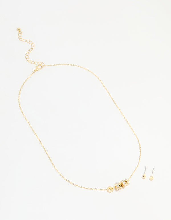 Gold Plated Cubic Zirconia Rondell Pendant Necklace & Earrings Set