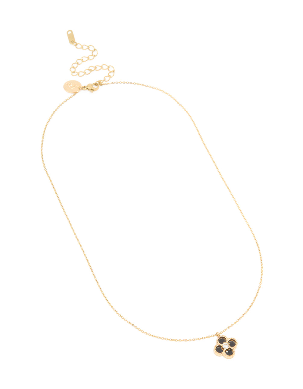 Presenting a dainty waterproof floral pendant necklace in stainless steel with gold plated finish and black accents front view