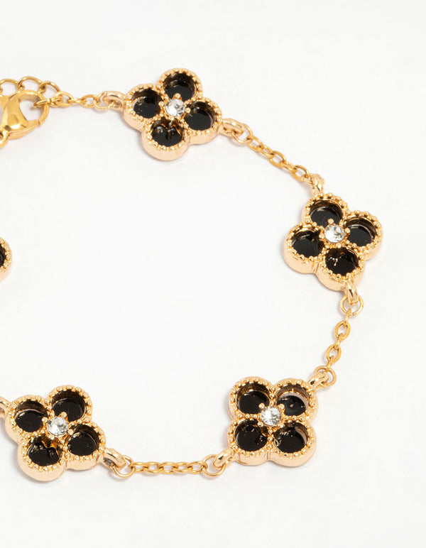 Waterproof Gold Plated Stainless Steel Black Flower Bracelet