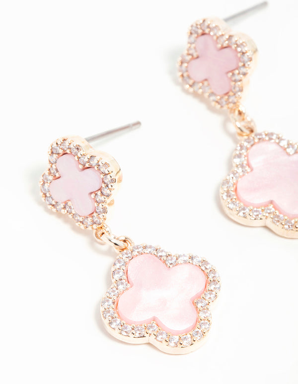 Rose Gold Cubic Zirconia Pink Flower Drop Earrings