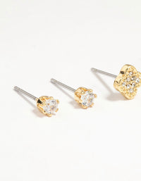 Gold Plated Brass Cubic Zirconia Flower Stud & Huggie Earrings 4-Pack - link has visual effect only