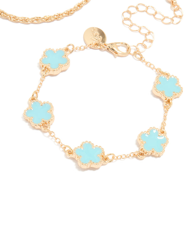 Gold Blue Flower & Chain Bracelets 3-Pack