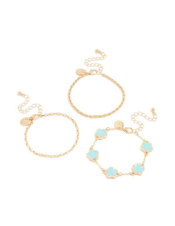 Gold Blue Flower & Chain Bracelets 3-Pack