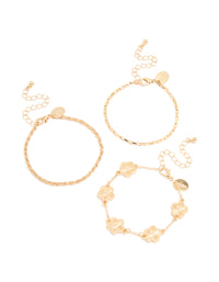 Gold Ribbed Flower & Chain Bracelets 3-Pack - link has visual effect only