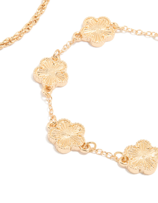 Gold Ribbed Flower & Chain Bracelets 3-Pack