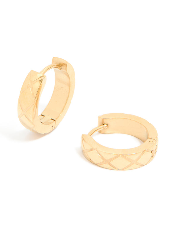 Waterproof Gold Plated Stainless Steel Textured Cushion Huggie Earrings
