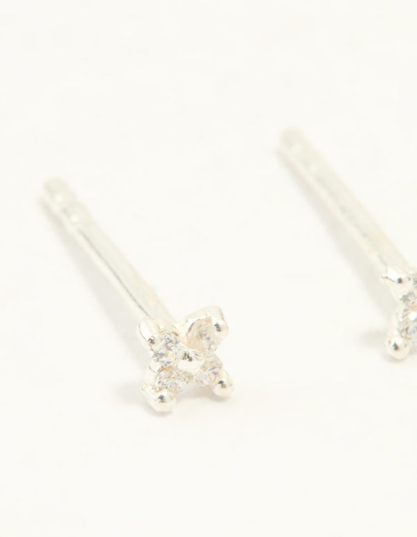 Sterling Silver Cubic Zirconia Micro Flower Stud Earrings