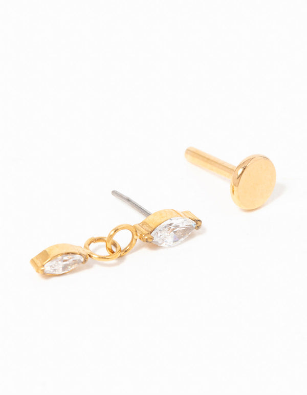 Gold Plated Titanium Cubic Zirconia Marquise Drop Flat Back Stud