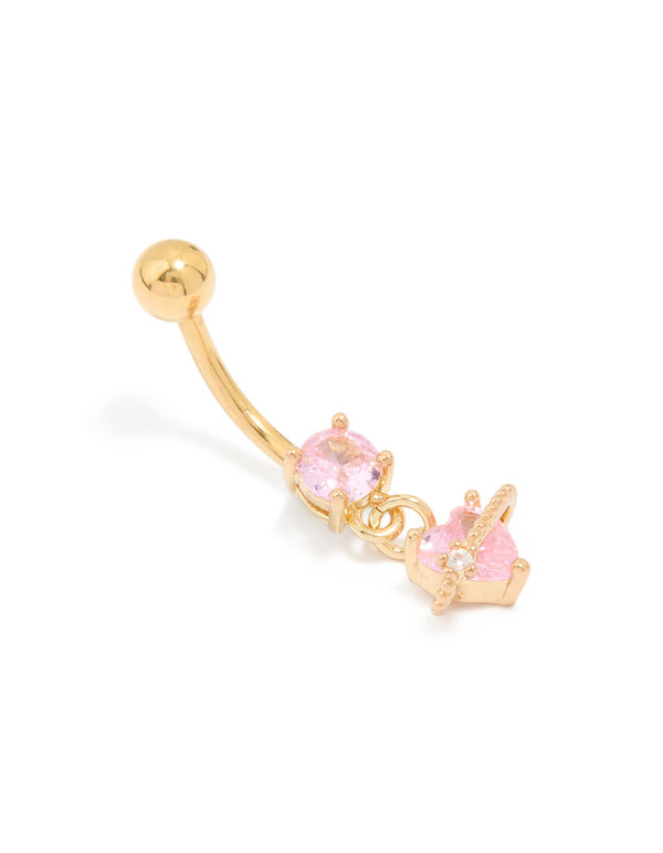 Gold Plated Surgical Steel Pink Cubic Zirconia Planet Belly Bar