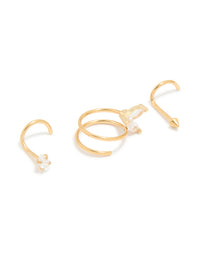 Gold Plated Surgical Steel Cubic Zirconia Nose Hook Studs & Nose Ring 3-Pack - link has visual effect only