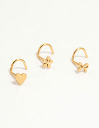 Gold Plated Surgical Steel Bow, Heart & Flower Nose Stud 3-Pack - link has visual effect only