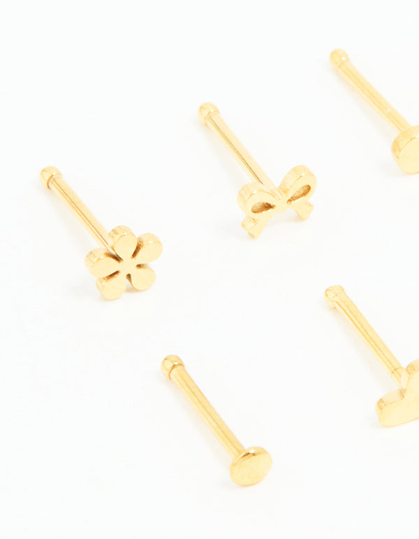 Gold Plated Surgical Steel Heart, Bow & Flower Nose Stud 6-Pack