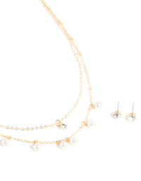 Gold Layered Pearl Necklace & Diamante Stud Earrings Set - link has visual effect only