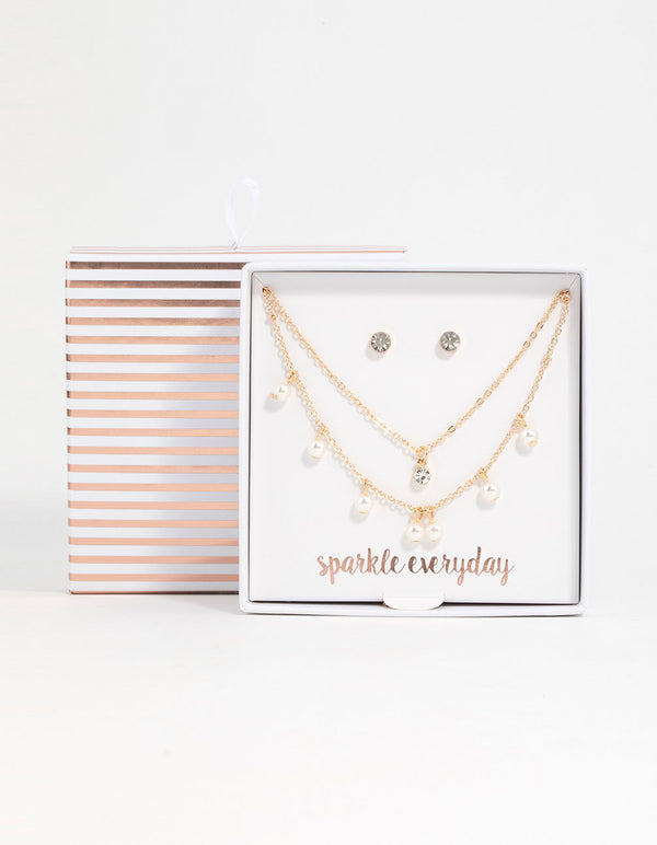 Gold Layered Pearl Necklace & Diamante Stud Earrings Set