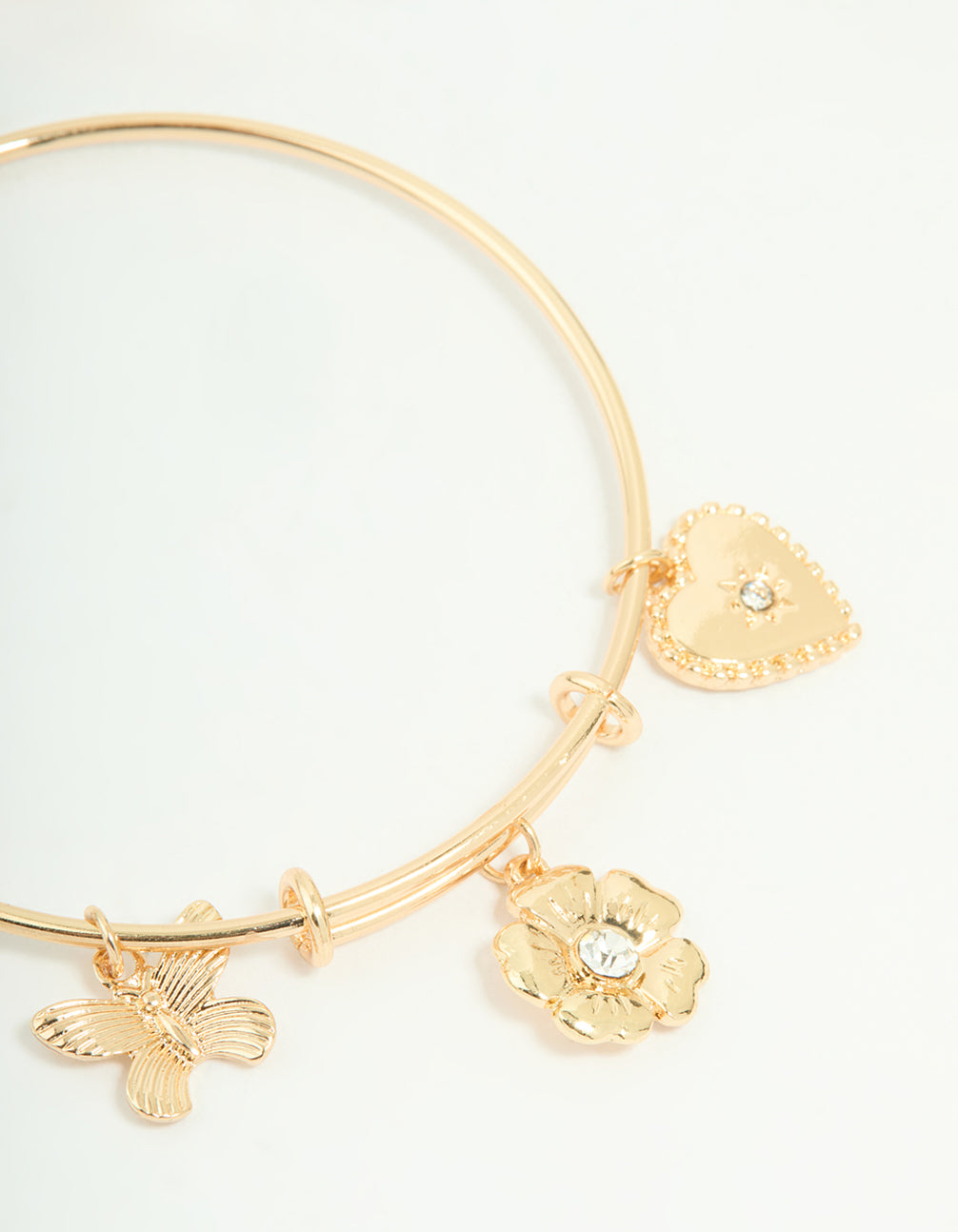 Gold Butterfly Heart & Flower Charm Adjustable Bangle