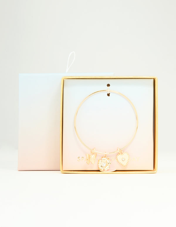 Gold Butterfly Heart & Flower Charm Adjustable Bangle