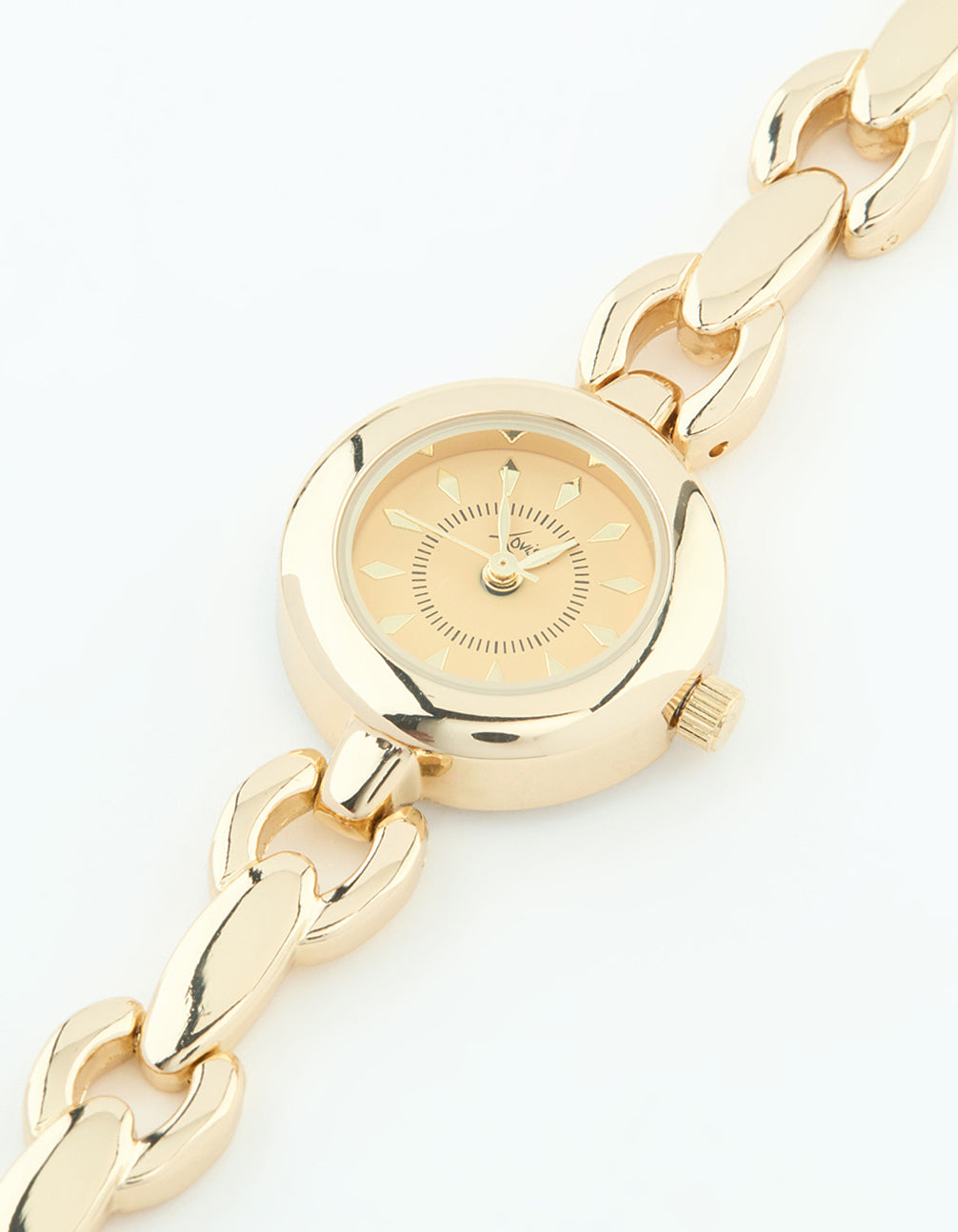Showcasing a small chain strap watch in gold with yellow dial, round shape, link band strap, designed for women, perfect for casual occasions with analog type in watch face detail view