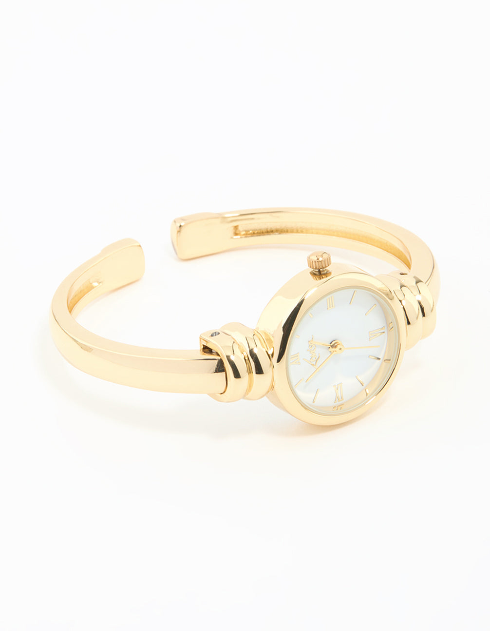 Elegantly designed women's white dial roman numeral round shaped analog watch in gold for casual occasions featuring statement style bangle bracelet design front view