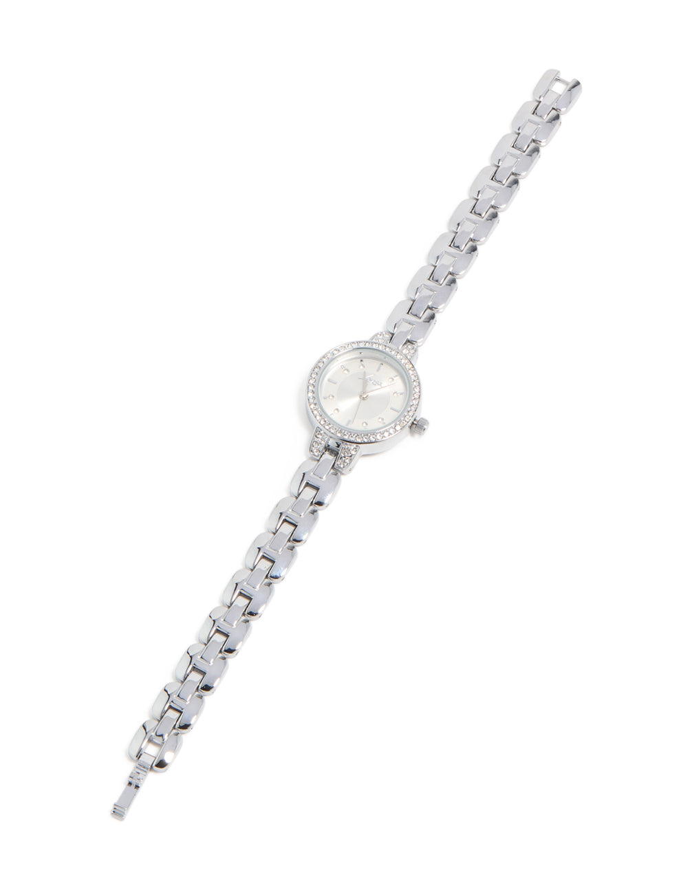 Elegant silver diamante small round strap watch with white dial stone look cubic zirconia link band designed for women formal occasions analog type front view