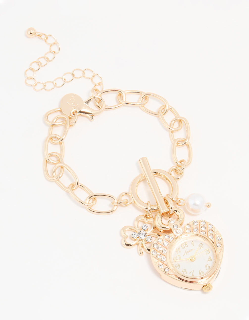 Elegant gold diamante and pearl watch clover charm bracelet featuring floral accents with numbers on a white round dial designed for women's casual analog wear front view