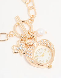 Gold Diamante & Pearl Watch Clover Charm Bracelet - link has visual effect only