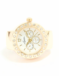 Gold Diamante Chronograph Watch Ring - link has visual effect only