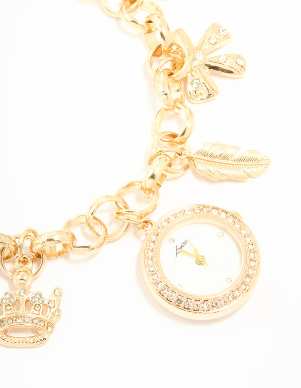 Gold Diamante Watch & Feather Charm Bracelet