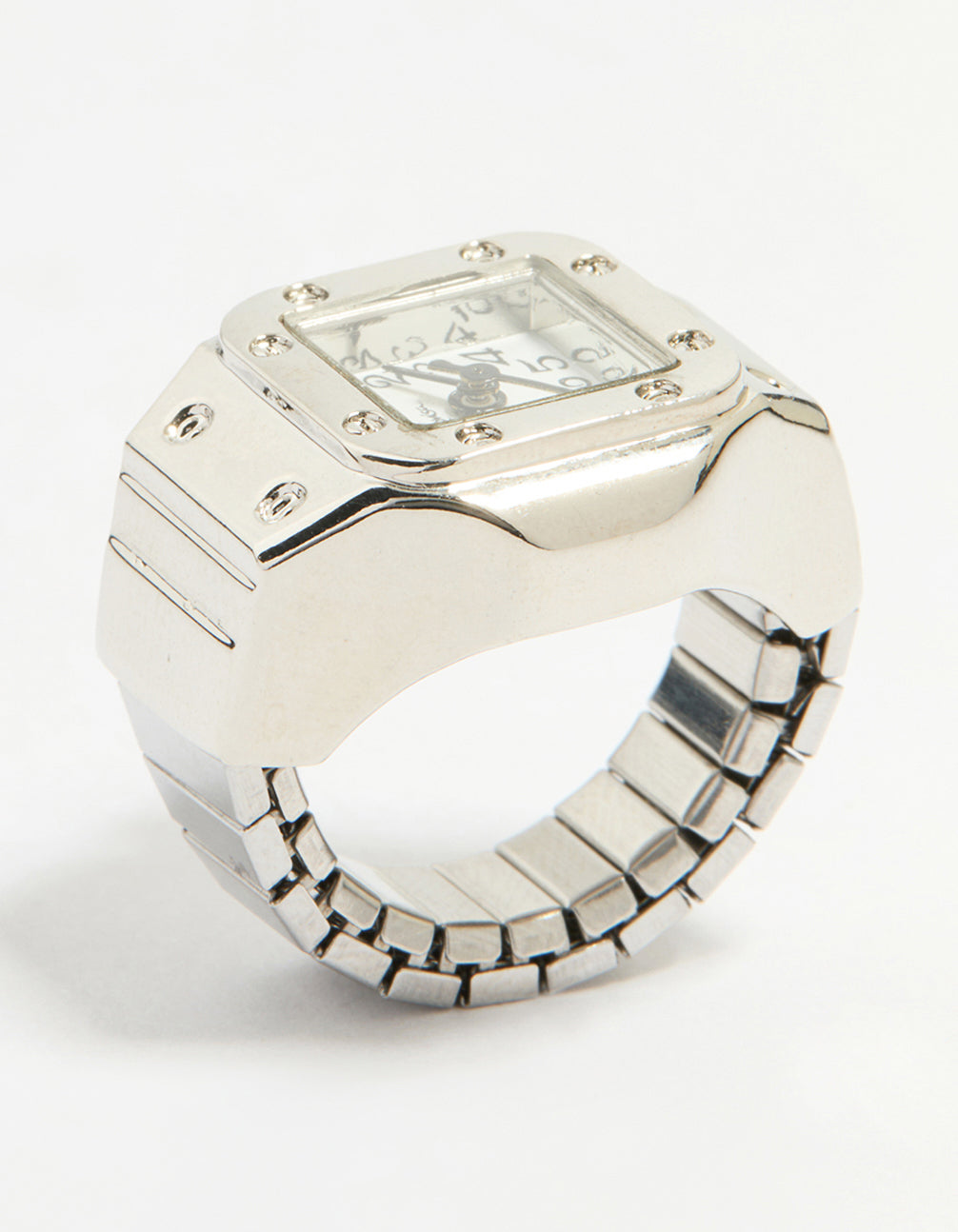 Elegant vintage rectangle watch ring, featuring numbers on a white dial, women's casual analog timepiece in front view