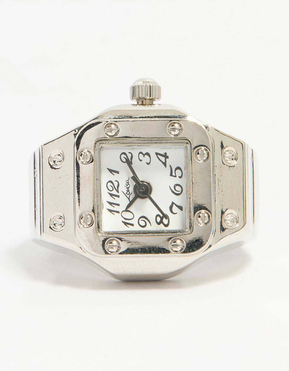 Discover this vintage rectangle watch ring, featuring numbers on a white dial, women's casual analog timepiece in case detail view