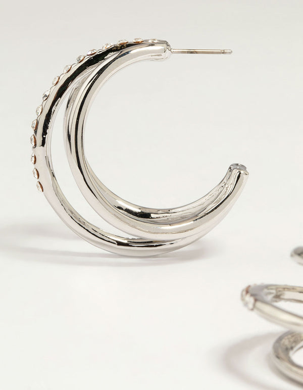 Silver Diamante Triple Hoop Earrings