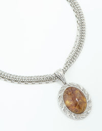 Silver Triple Chain Oval Pendant Necklace - link has visual effect only