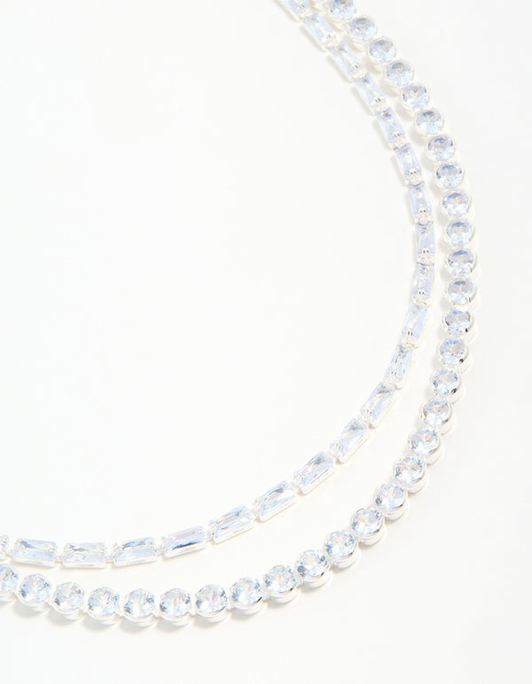 Silver Cubic Zirconia Layered Choker Necklace